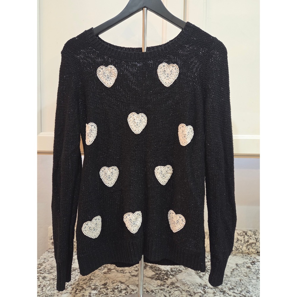 LC‎ Lauren Conrad Black Shimmer Heart Lace Applique Knit Sweater Womans Medium